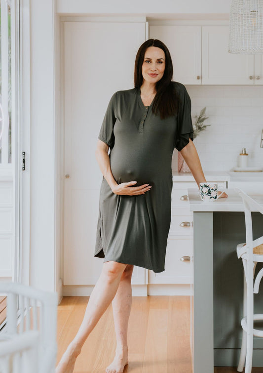 Frankie khaki motherhood dress hospital feeding Australian made