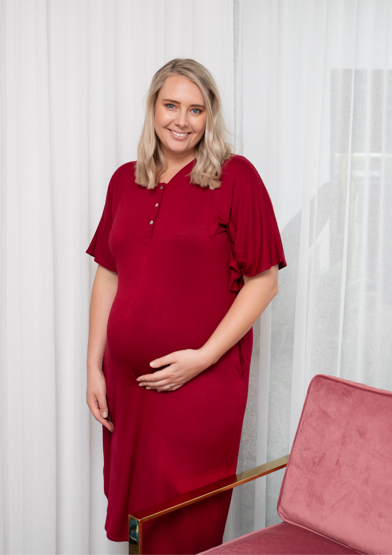 The Comfort Mama dresses for pregnancy, labour, breastfeeding and beyond. Harper Ruby Maroon Red.