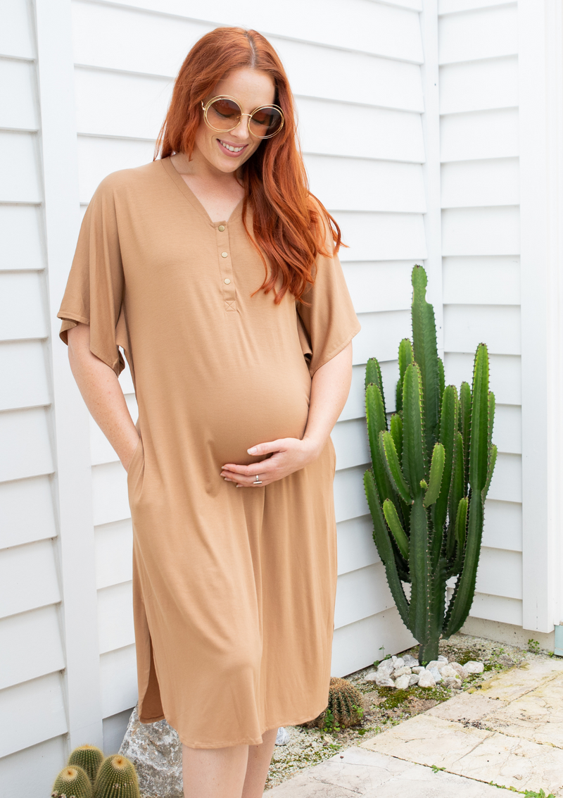 the comfort mama cleo camel bamboo maternity dress