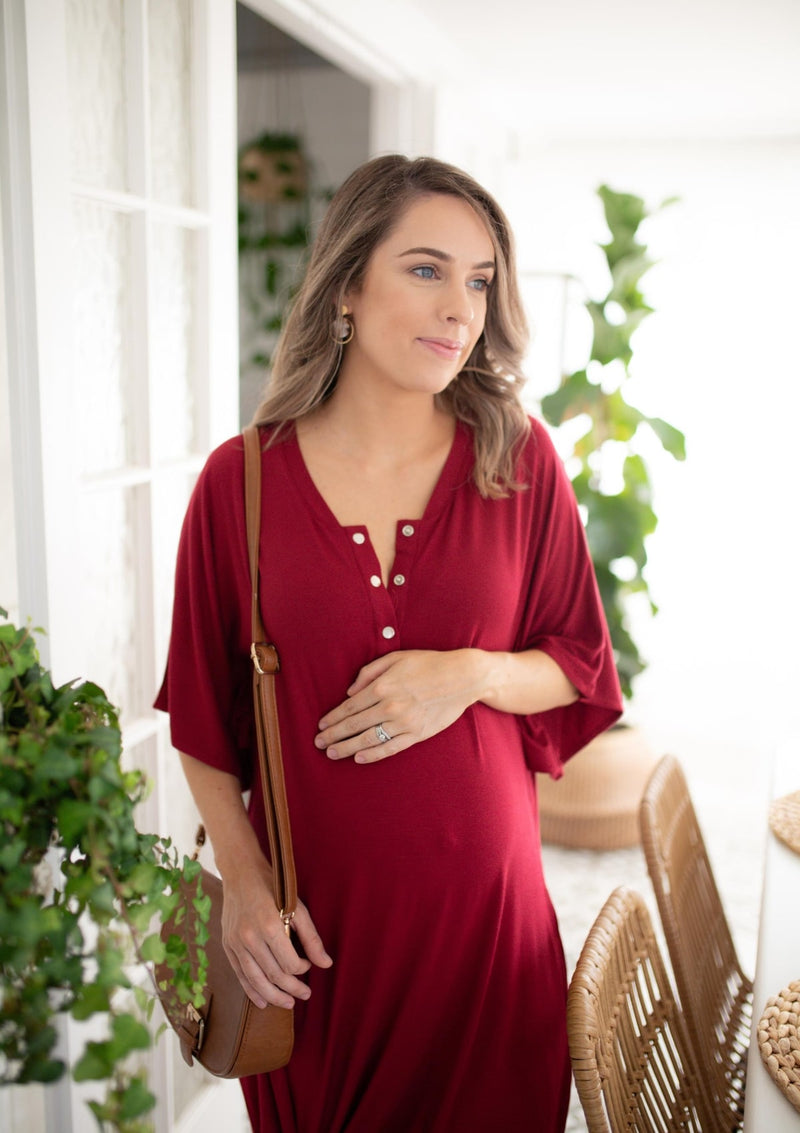 The Comfort Mama dresses for pregnancy,  labour, breastfeeding and beyond. Harper Ruby Maroon Red.