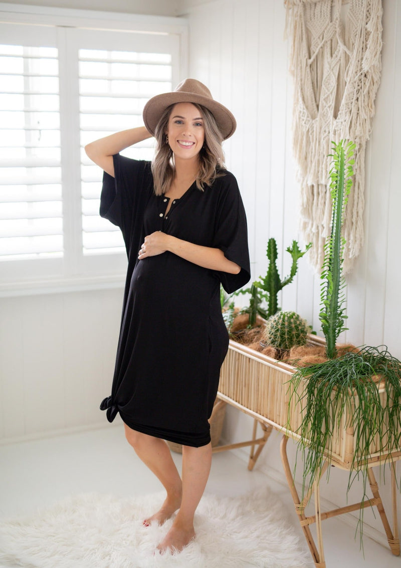 The Comfort Mama dresses for pregnancy,  labour, breastfeeding and beyond. Hendrix Black dress LBD.