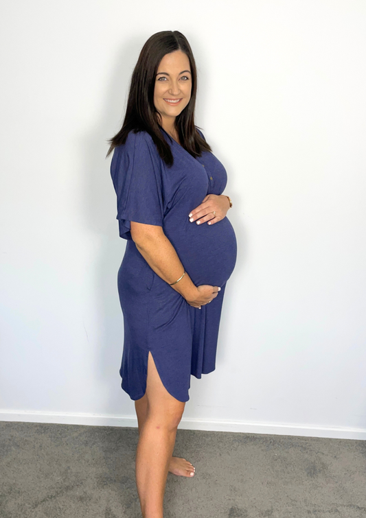 comfort mama Demi blue denim large hospital bag navy gold maternity dress