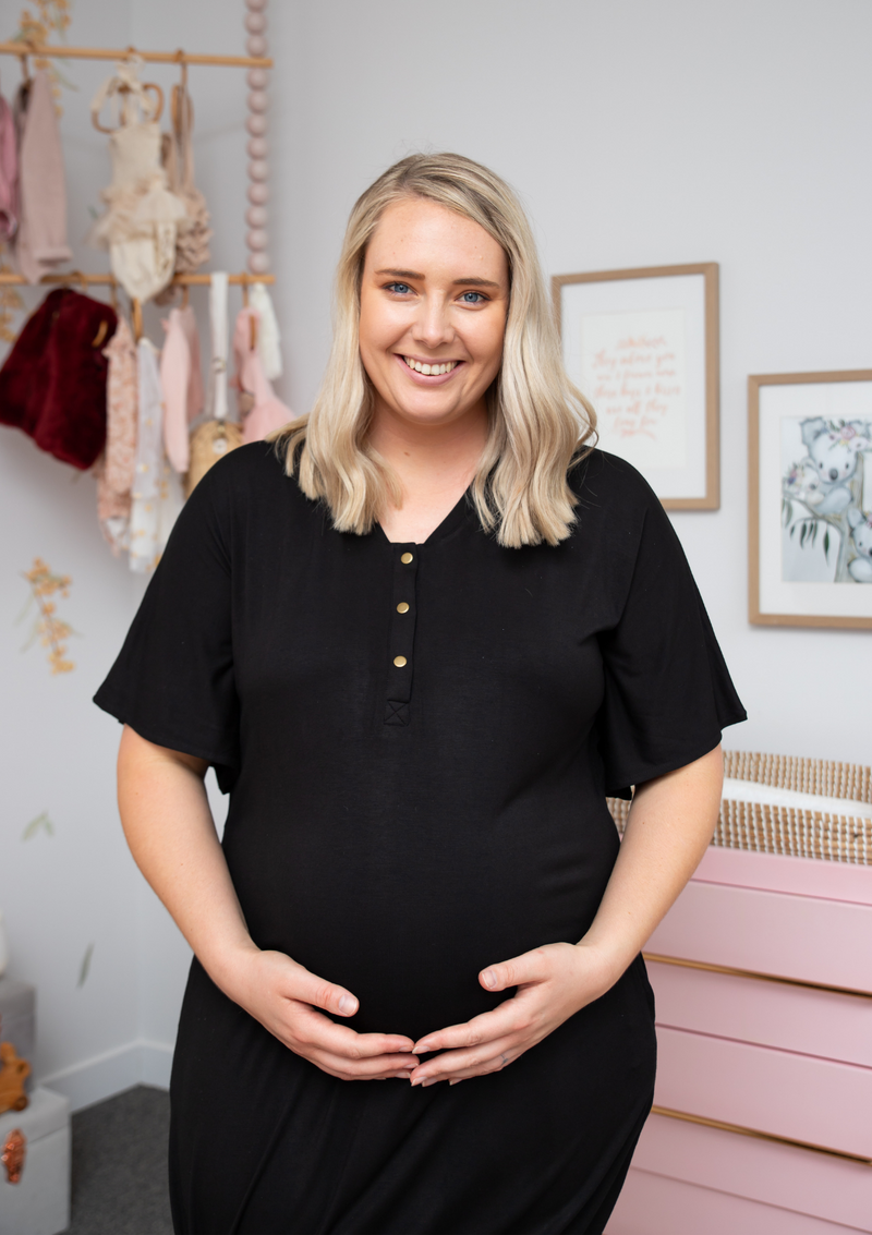 The Comfort Mama dresses for pregnancy, labour, breastfeeding and beyond. Hendrix Black dress LBD.