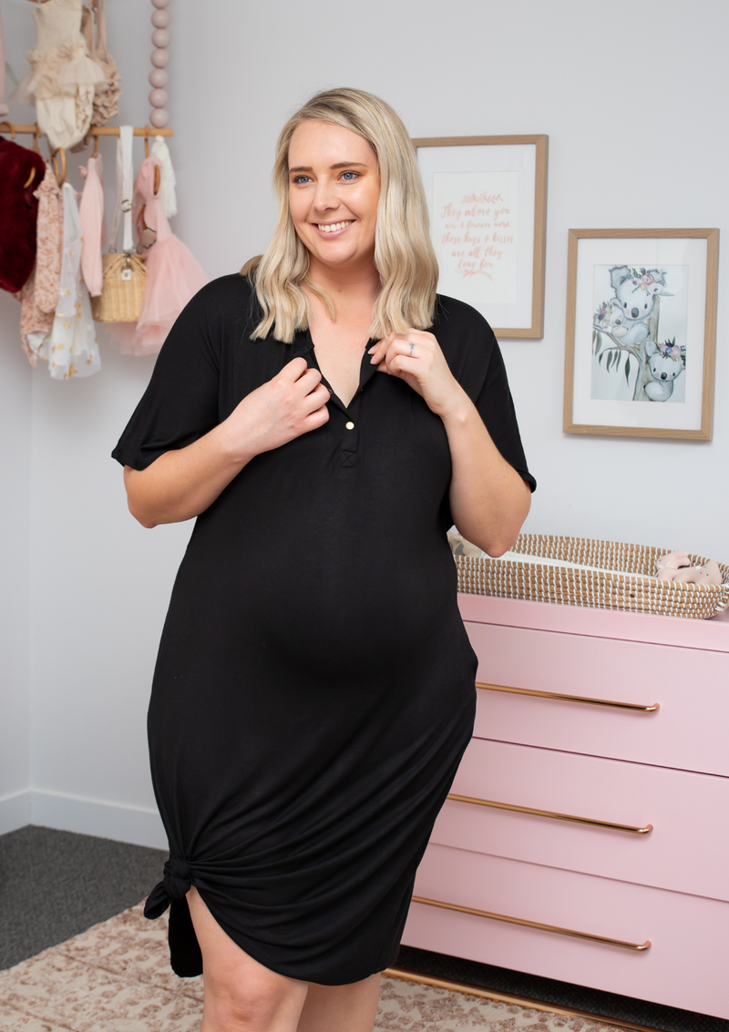 The Comfort Mama dresses for pregnancy, labour, breastfeeding and beyond. Hendrix Black dress LBD.