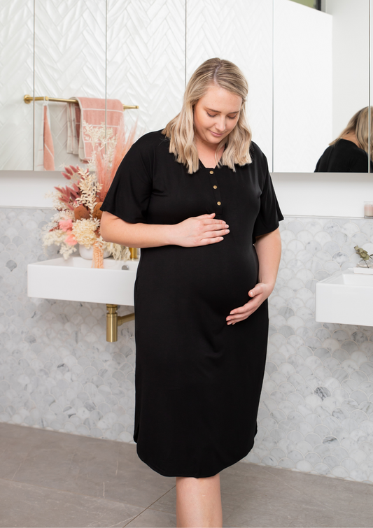 The Comfort Mama dresses for pregnancy, labour, breastfeeding and beyond. Hendrix Black dress LBD.