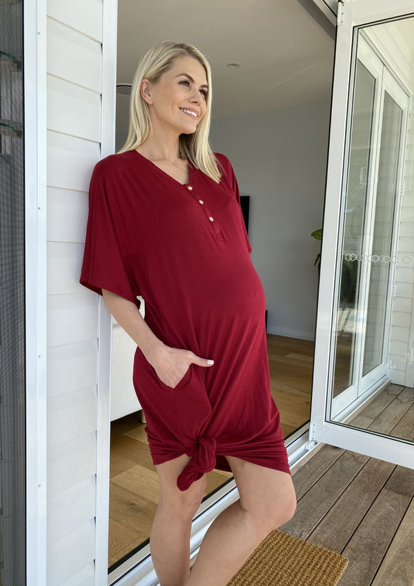 The Comfort Mama dresses for pregnancy,  labour, breastfeeding and beyond. Harper Ruby Maroon Red.