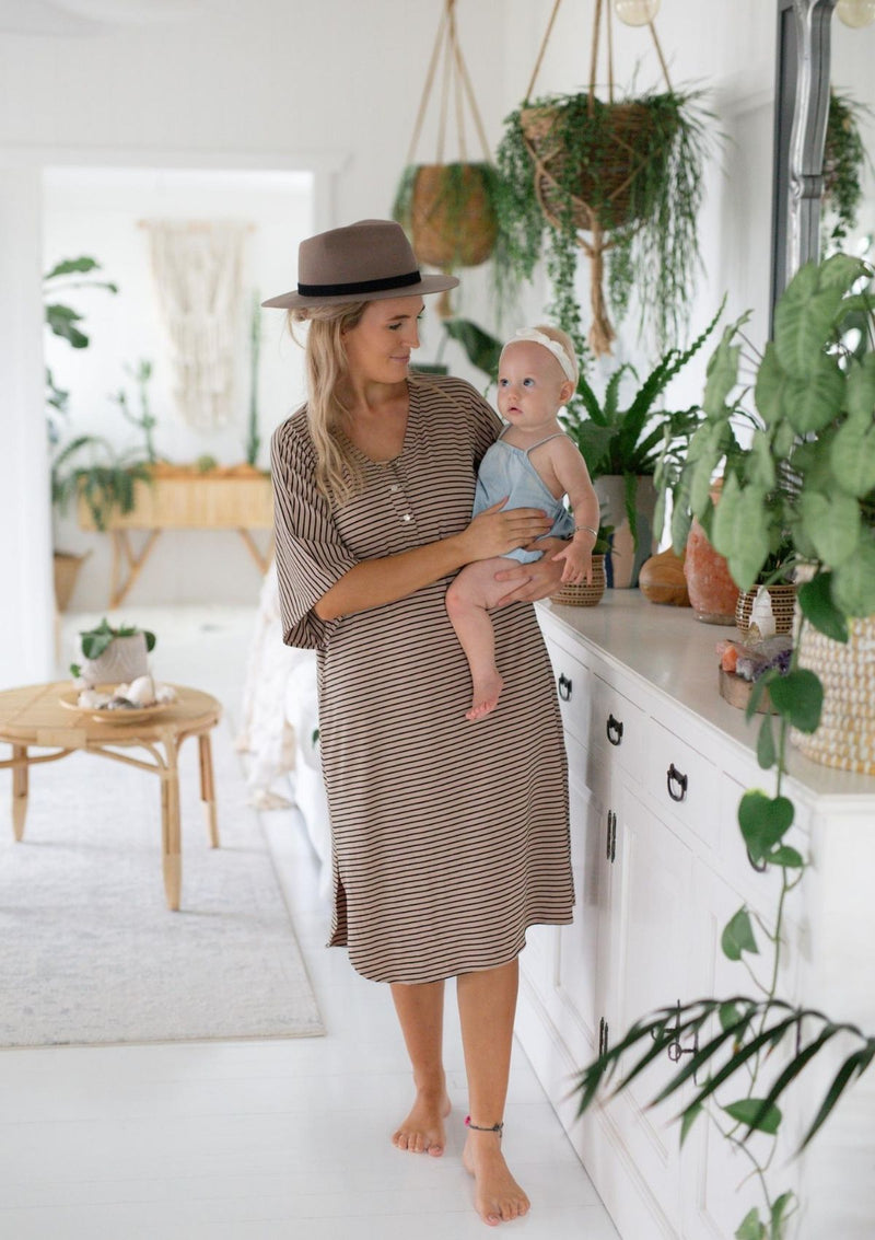 The Comfort Mama dresses for pregnancy,  labour, breastfeeding and beyond. Poppy porcini stripe dress.