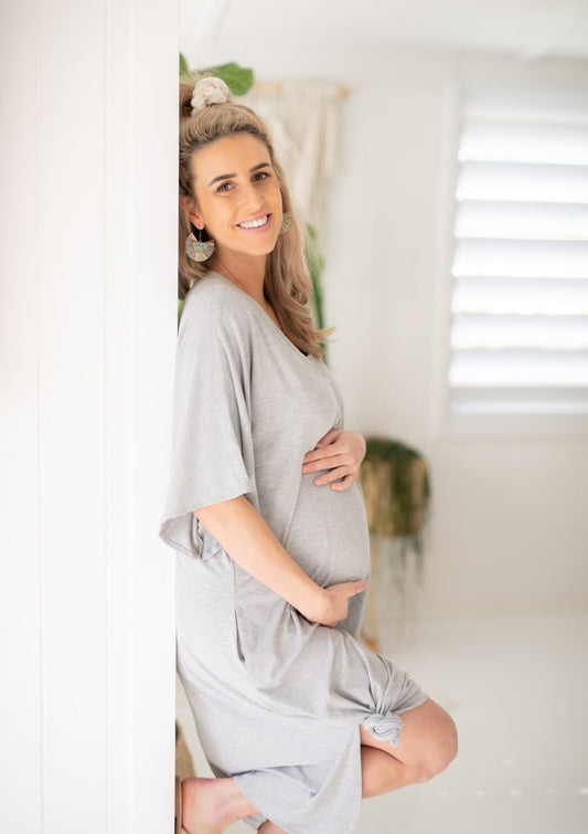 The Comfort Mama for pregnancy, labour, breastfeeding and beyond. Hospital bag. Madden Grey Marle dress.