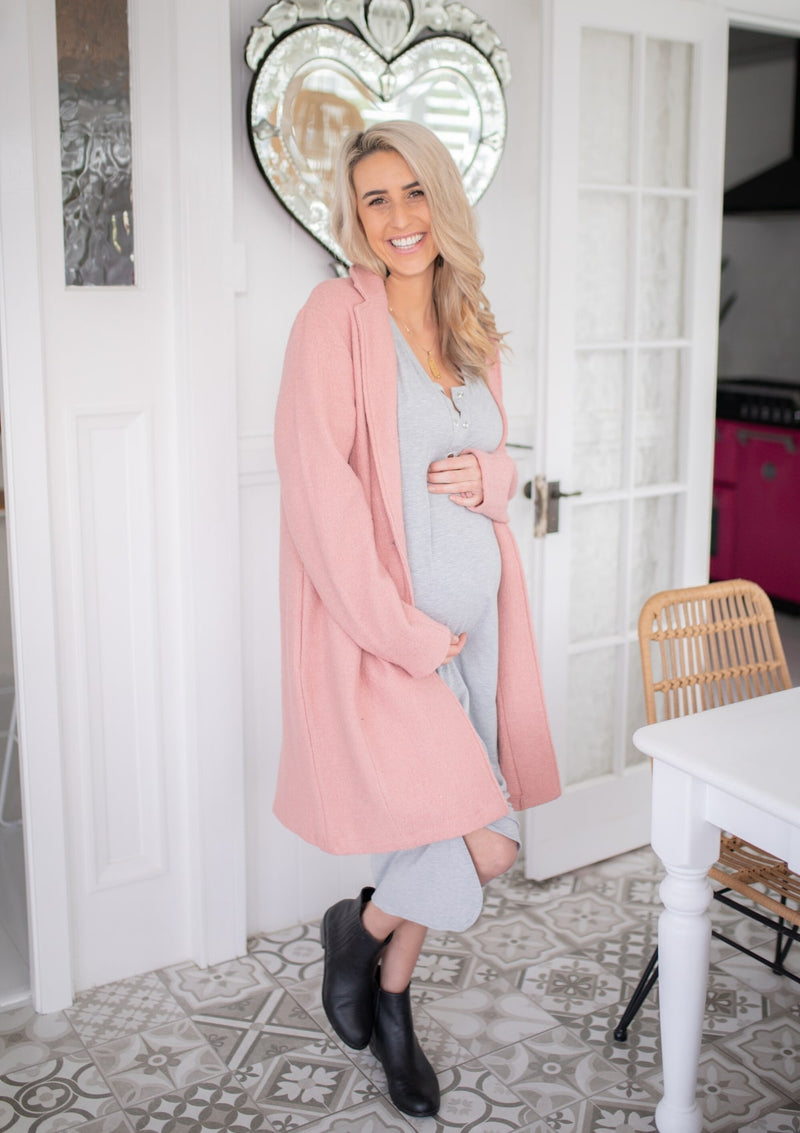 The Comfort Mama for pregnancy, labour, breastfeeding and beyond. Hospital bag. Madden Grey Marle dress.
